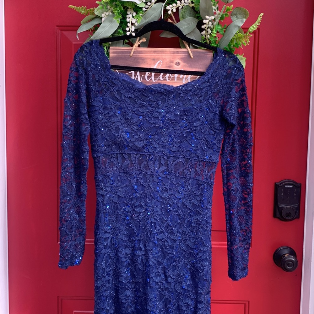 Long sleeve blue Lacey prom/homecoming dress